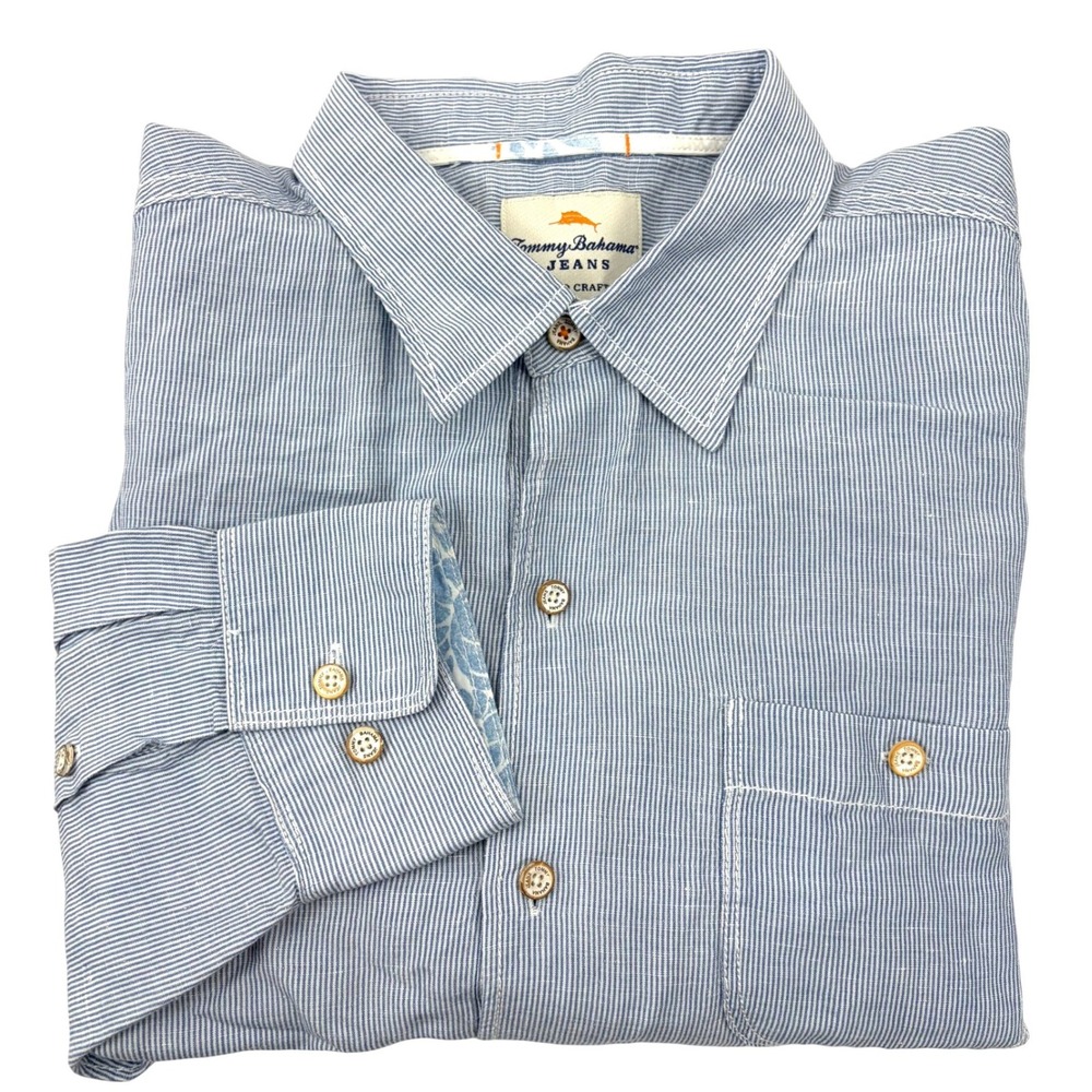 Tommy Bahama Shirt Island Crafted Preppy Pin-Striped Linen Blend Blue Large VGC